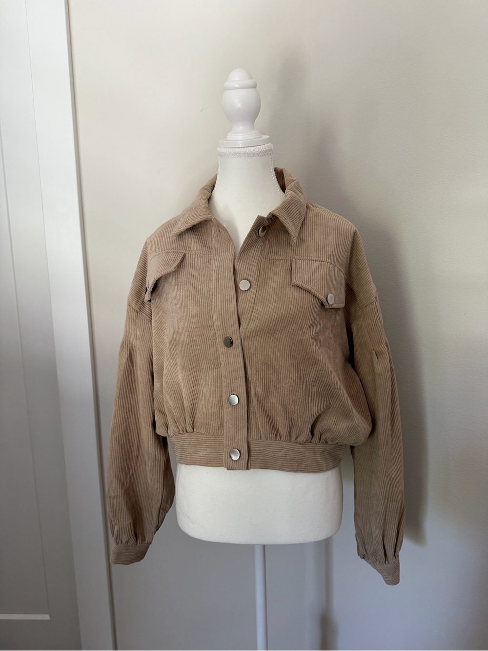 Beige Corduroy Loose Fit Bomber Jacket